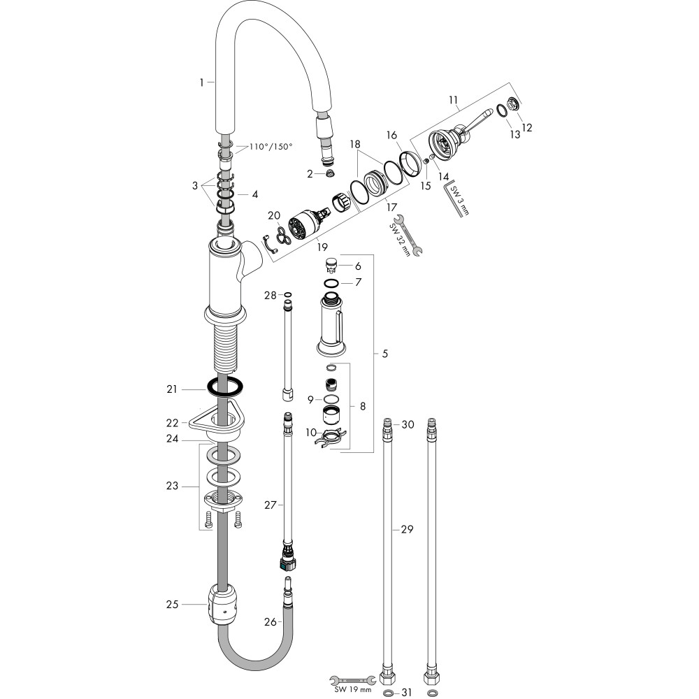 Baterie de bucatarie MONTREUX, monocomandă180 cu pulverizator extractibil AXOR 