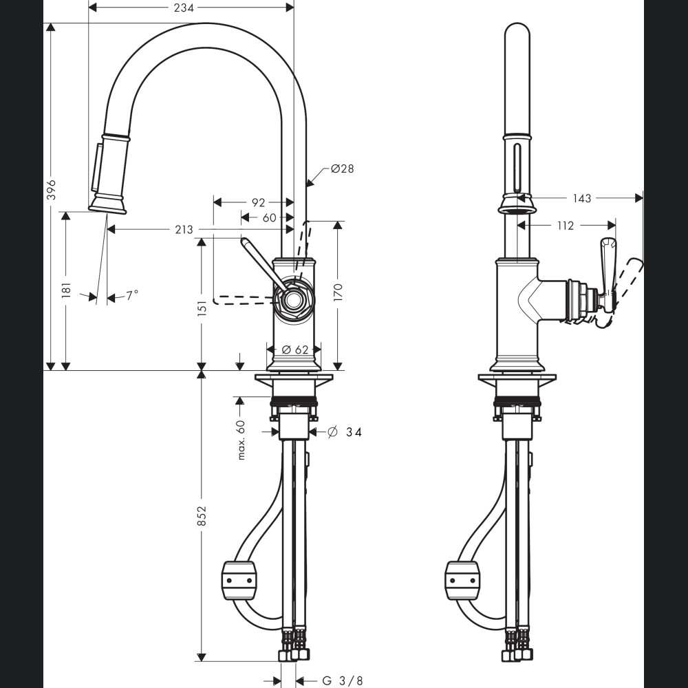 Baterie de bucatarie MONTREUX, monocomandă180 cu pulverizator extractibil AXOR 