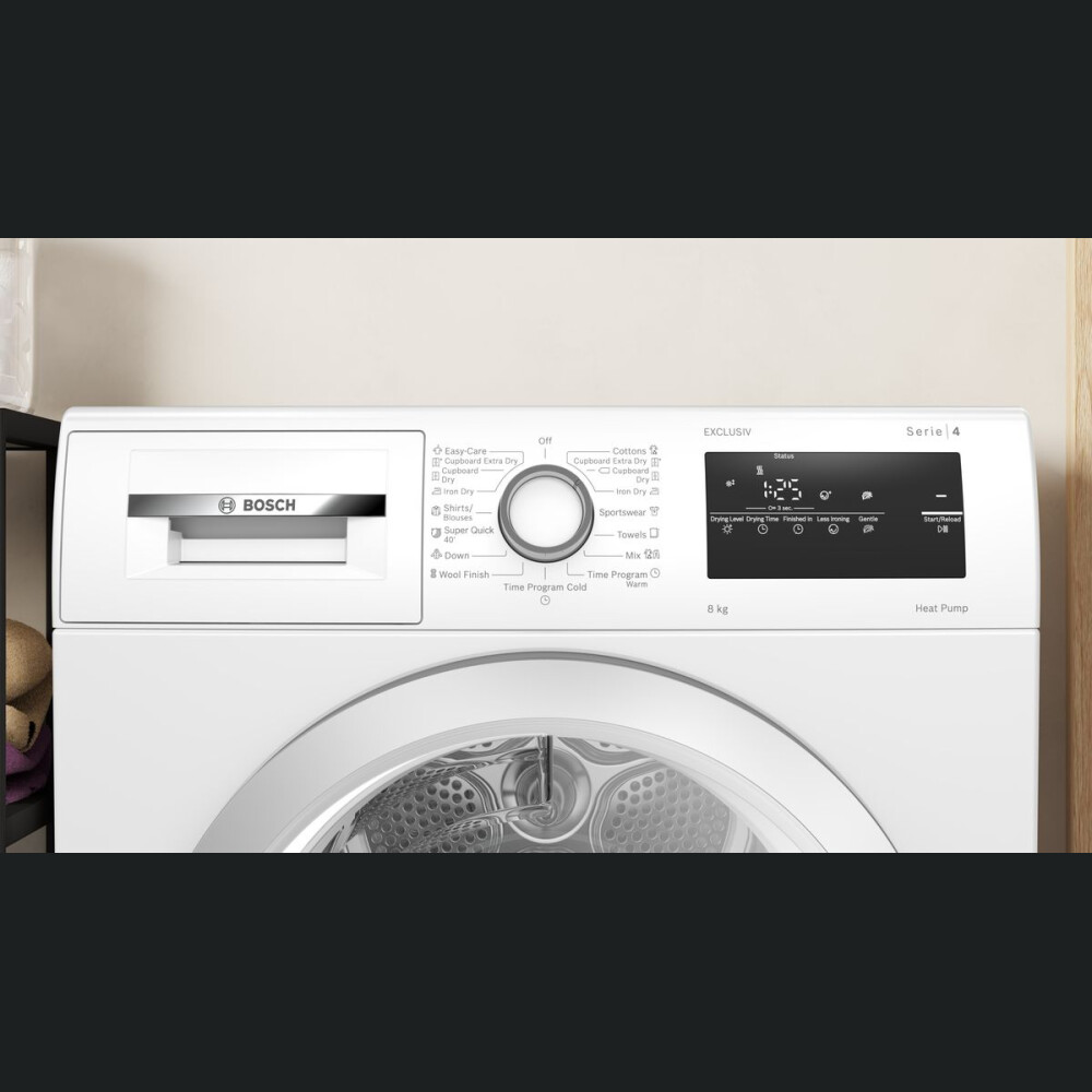 Uscator de rufe Bosch WTH85292BY, Pompa de caldura, 8 Kg, 15 programe, EasyClean, Auto Dry, SensitiveDrying System, Less ironing, Clasa A++, Alb