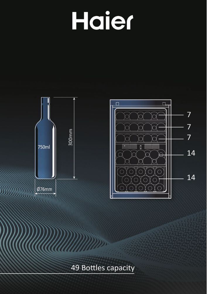 Racitoare de vinuri Haier HWS49GA  Wine Bank 50 Seria 5 Freestanding, 1 zone, 49 sticle, Iluminare LED, Clasa F, L x A x I (mm) 497x585x820