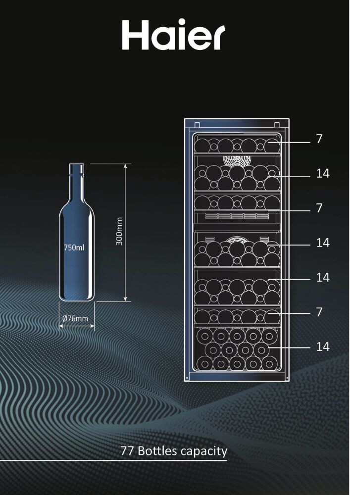 Racitoare de vinuri Wine Bank 50 Haier HWS77GDAU1 Seria 7 Freestanding, 2 zone, 77 sticle, Iluminare LED, Clasa G, L x A x I (mm) 497x585x1270