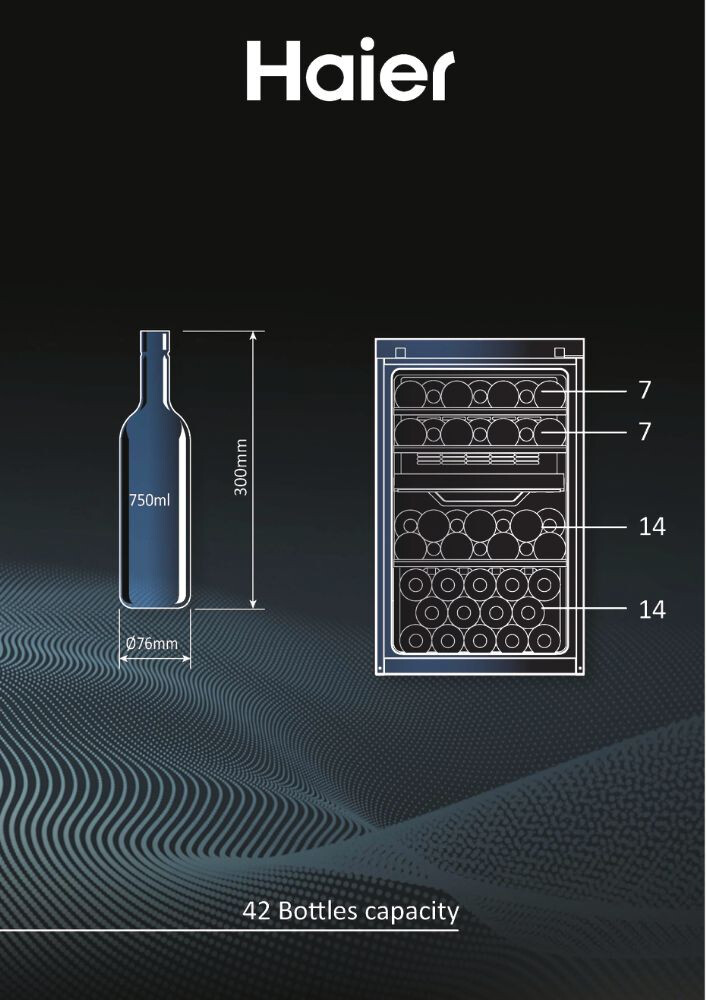 Racitoare de vinuri Wine Bank Haier HWS42GDAU1 50 Seria 7 Freestanding, 2 zone, 42 sticle, Iluminare LED, Clasa G, L x A x I (mm) 497x585x820