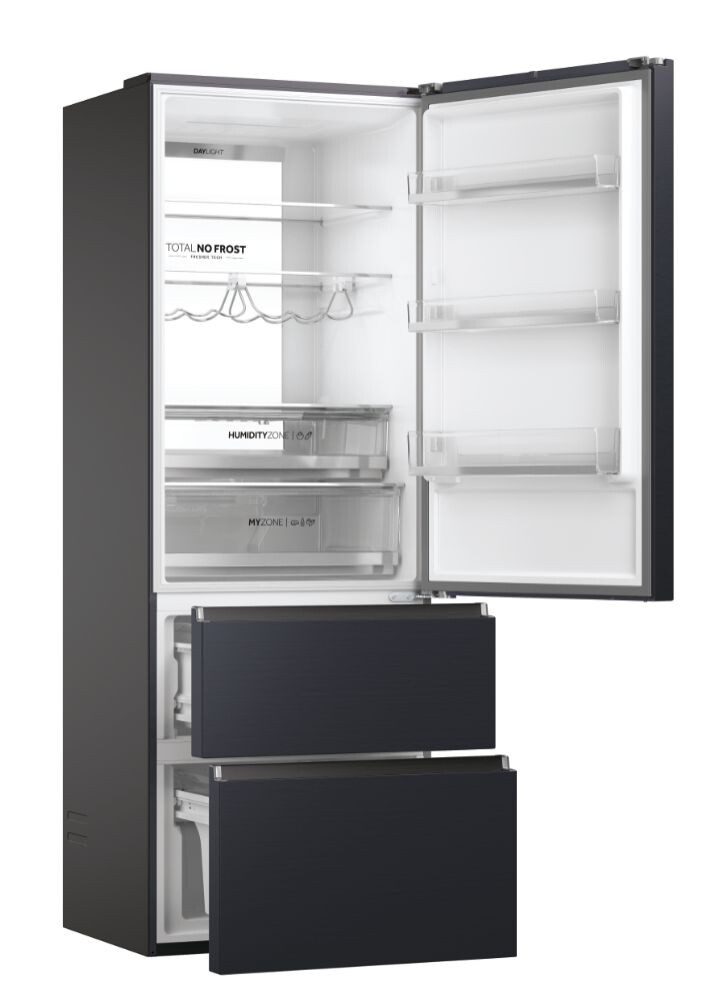 Combina frigorifica Haier HTW7720ENMB , 3D 70 Seria 7 Freestanding, 3 usi, No Frost, Iluminare LED, Clasa E, Negru, L x A x I (mm) 700x675x2006