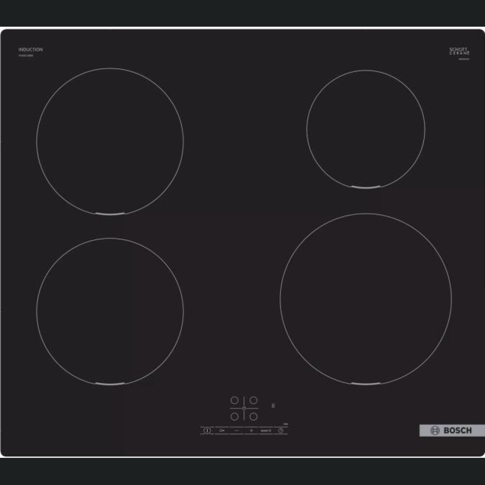 Plita incorporabila cu inductie Bosch PUE611BB5E, 4600W, 4 zone, 17 trepte, TouchSelect, ReStart, Inductie, Negru