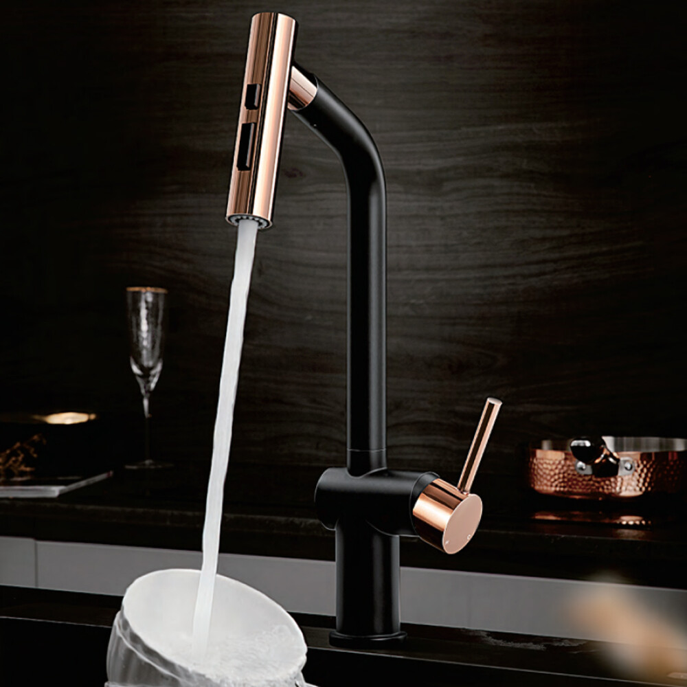 Baterie CookingAid Ferrara Black/Golden Rose cu furtun dus extractibil si buton schimbare dus/jet, culoare negru cu auriu roze