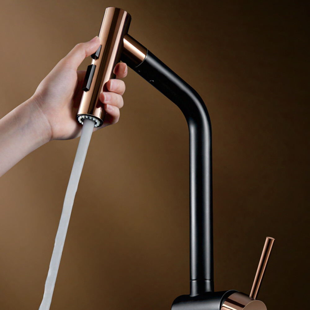 Baterie CookingAid Ferrara Black/Golden Rose cu furtun dus extractibil si buton schimbare dus/jet, culoare negru cu auriu roze