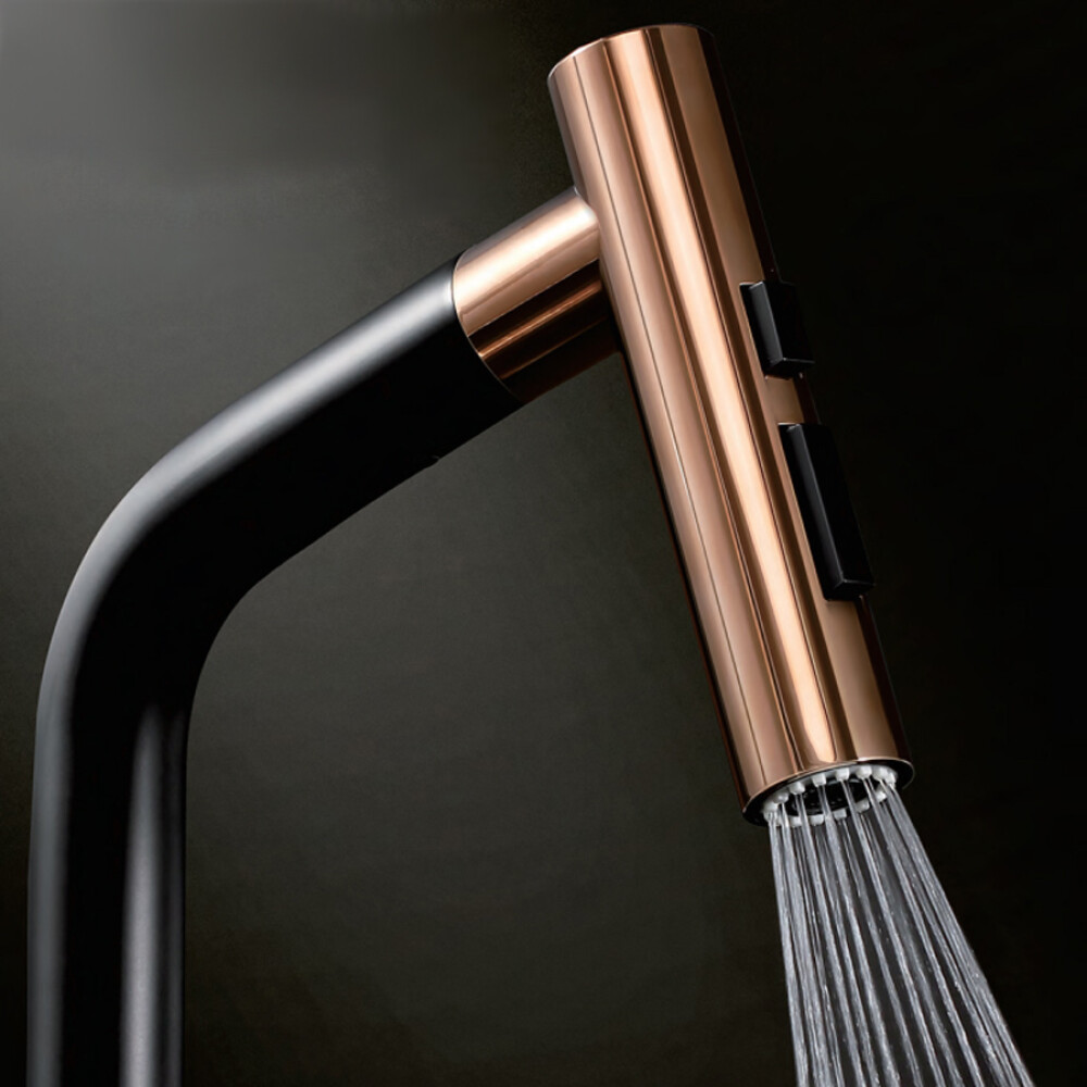 Baterie CookingAid Ferrara Black/Golden Rose cu furtun dus extractibil si buton schimbare dus/jet, culoare negru cu auriu roze