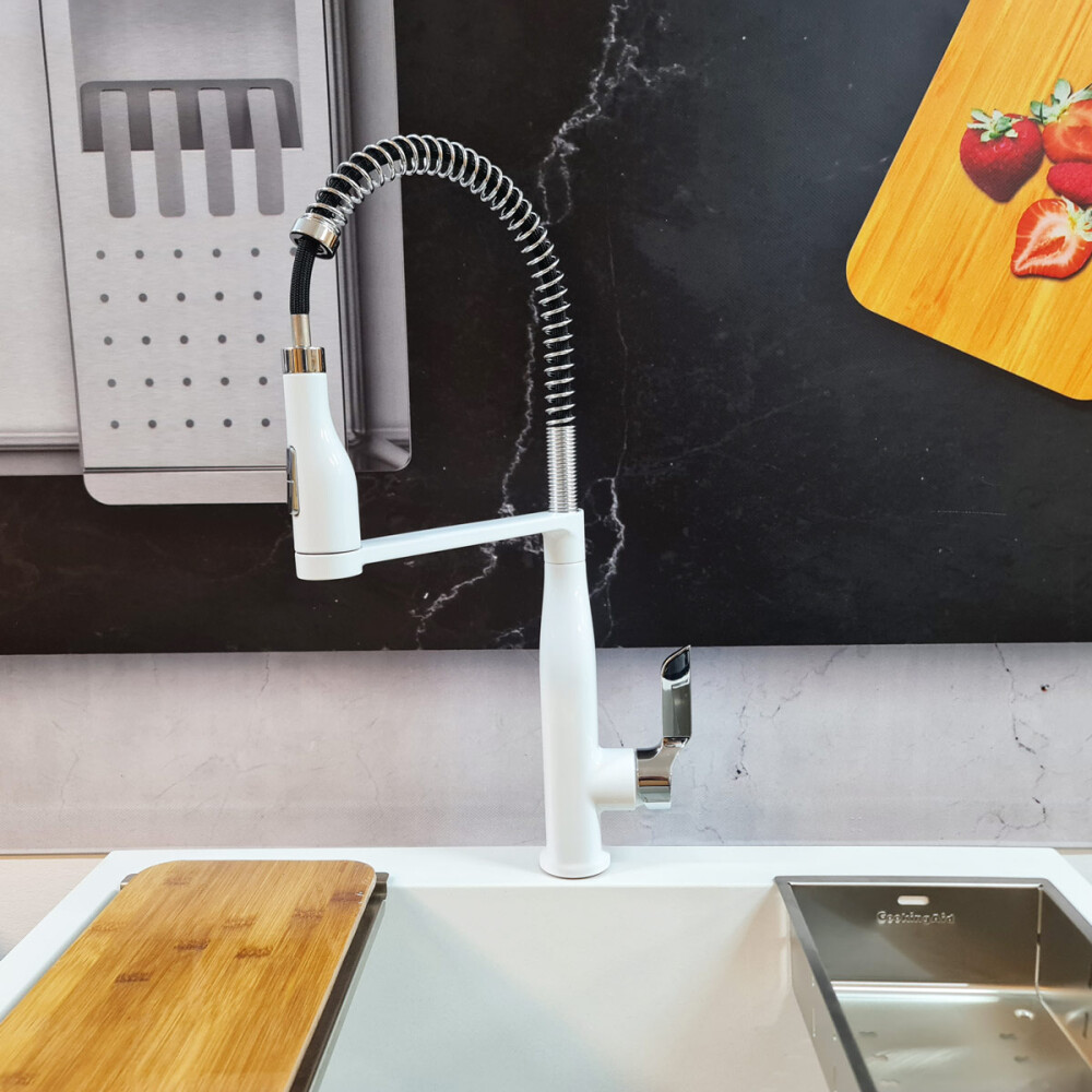 Baterie CookingAid NEO Spring White Chrome cu cap flexibil detasabil + buton interschimbabil jet/dus si finisaj Cromat/Alb