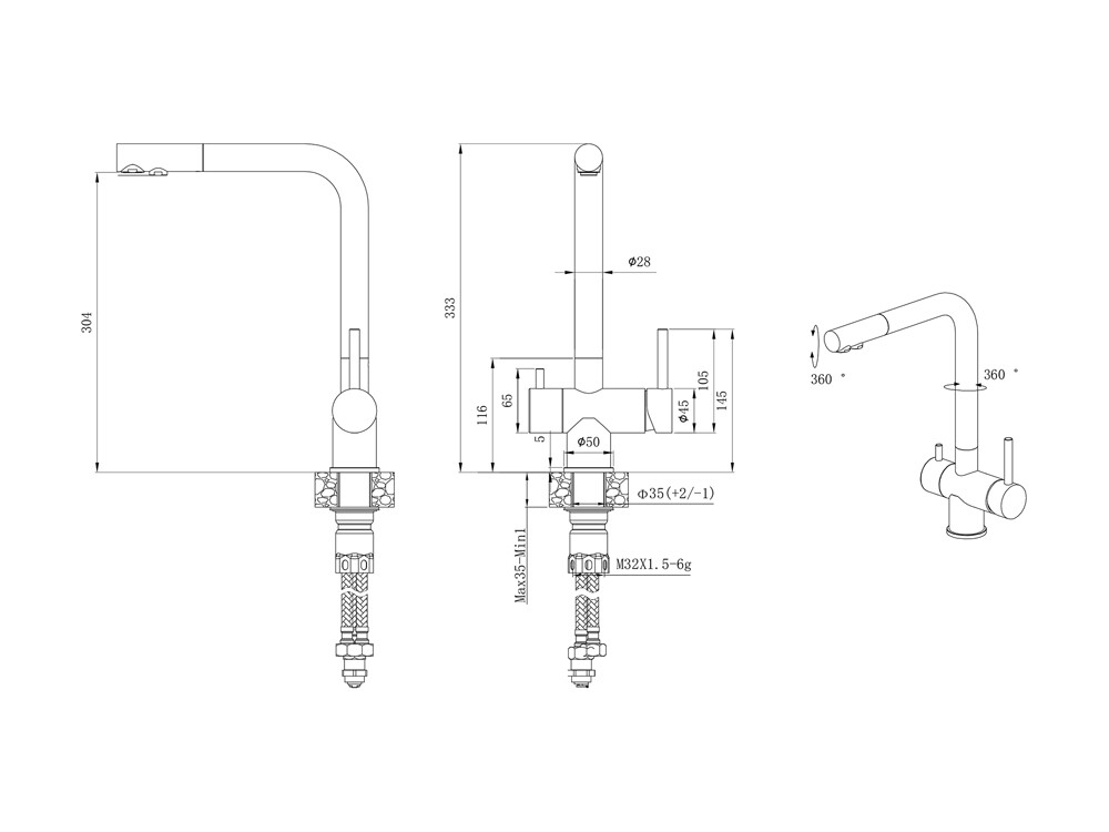 Baterie bucatarie Higold 980145, pentru apa filtrata, 3 cai, cartus ceramic, negru