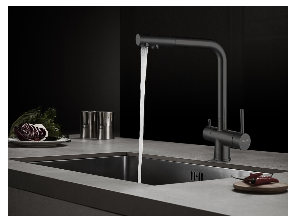Baterie bucatarie Higold 980145, pentru apa filtrata, 3 cai, cartus ceramic, negru