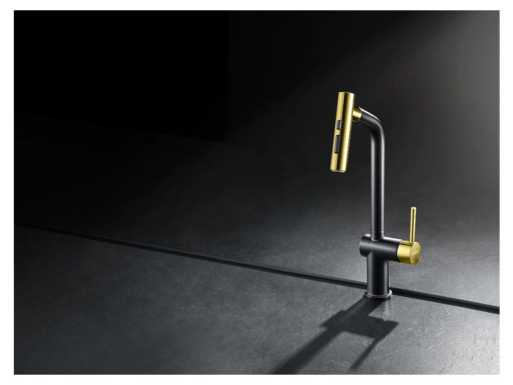  Baterie bucatarie Higold Piniz cu cap extractibil, 2 tipuri de jet, cartus ceramic, negru si gold