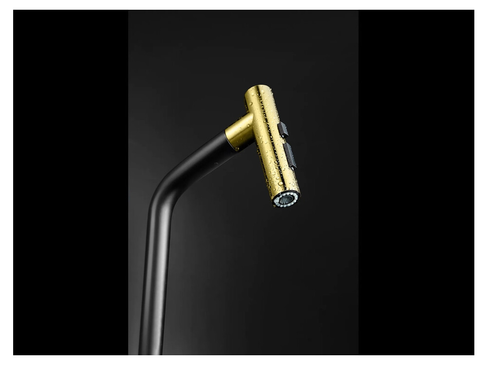  Baterie bucatarie Higold Piniz cu cap extractibil, 2 tipuri de jet, cartus ceramic, negru si gold
