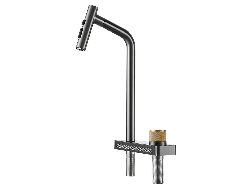 Baterie bucatarie Higold Waterfall 980194 cu sistem de curgere tip cascada, cap extractibil, 2 tipuri de jet, cartus ceramic, gunmetal