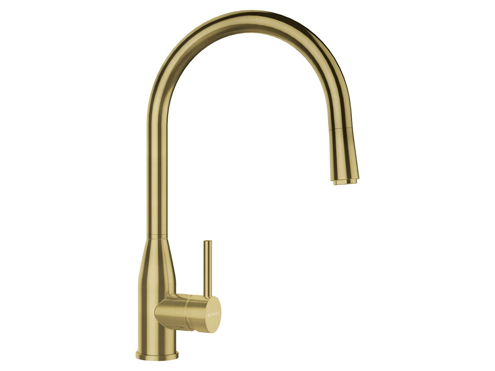 Set chiuveta bucatarie Schock Tia D-100LS 780 x 500 mm Cristadur Puro, negru intens cu baterie bucatarie Schock Kavus cu cap extractibil si parti vizibile White Gold
