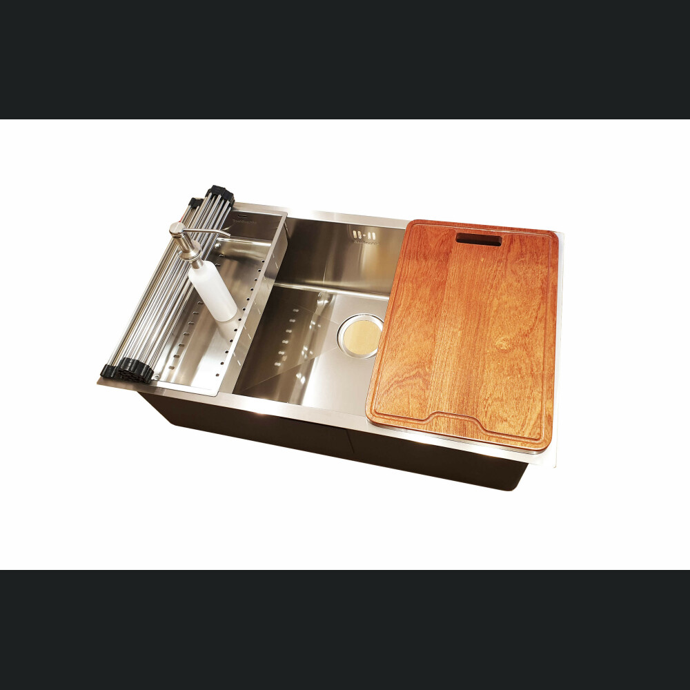 Chiuveta bucatarie inox CookingAid HERA LARGE cu dozator detergent, scurgator vase/paste/fructe, gratar rulabil inox, tocator Sapele + accesorii montaj