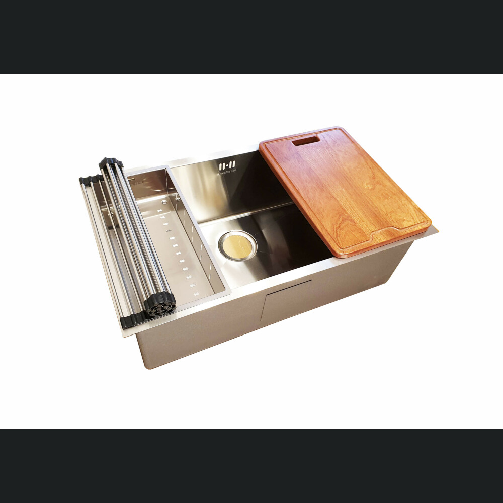 Chiuveta bucatarie inox CookingAid HERA LARGE cu dozator detergent, scurgator vase/paste/fructe, gratar rulabil inox, tocator Sapele + accesorii montaj