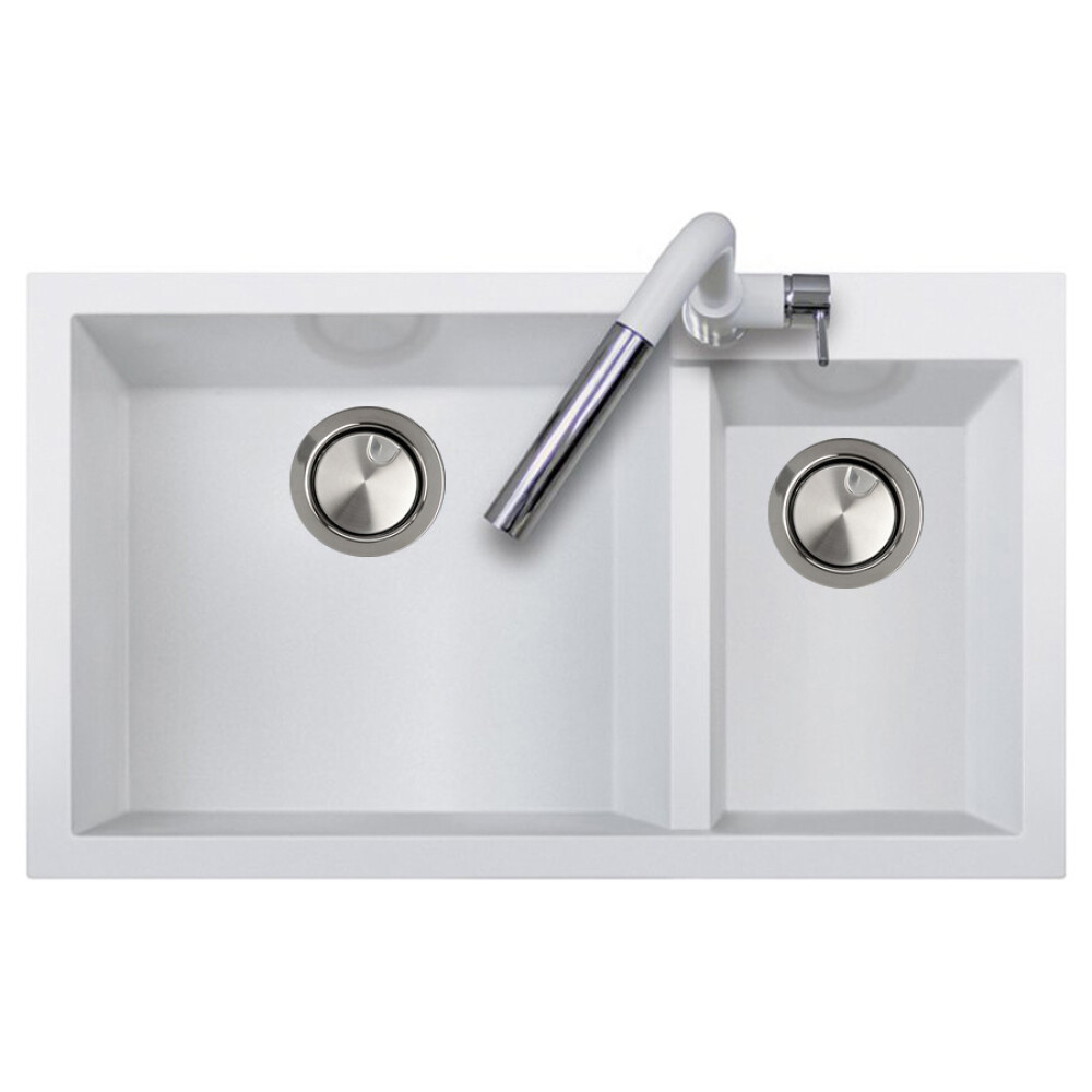 Chiuveta bucatarie granit dubla cu 2 cuve CookingAid Cube ON8620 Alba / Polar White + accesorii montaj
