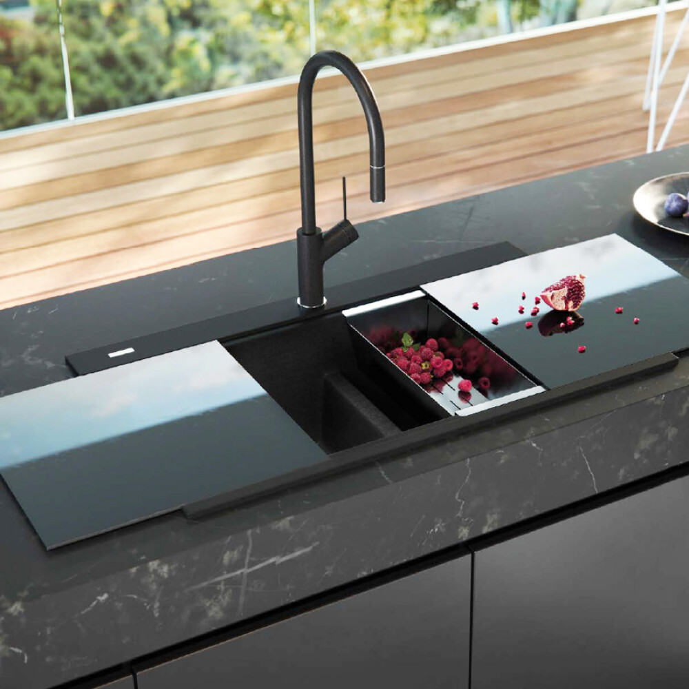 Chiuveta bucatarie granit dubla cu 2 cuve CookingAid Kinga LX8620 Neagra / Black Metal Quartz + accesorii montaj