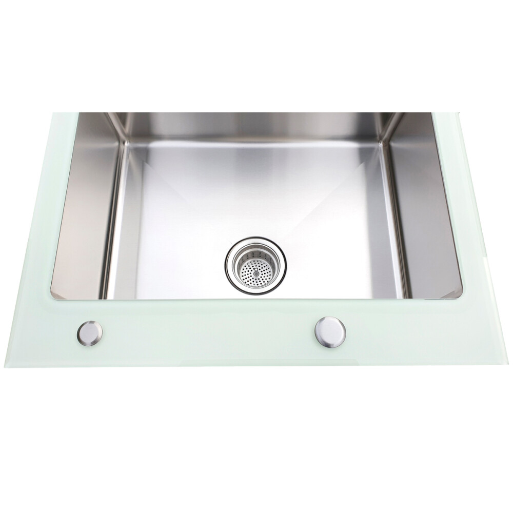 Chiuveta bucatarie inox CookingAid TEMPERED GLASS WHITE cu tocator personalizat sticla temperizata, scurgator vase/paste/fructe, gratar rulabil inox,