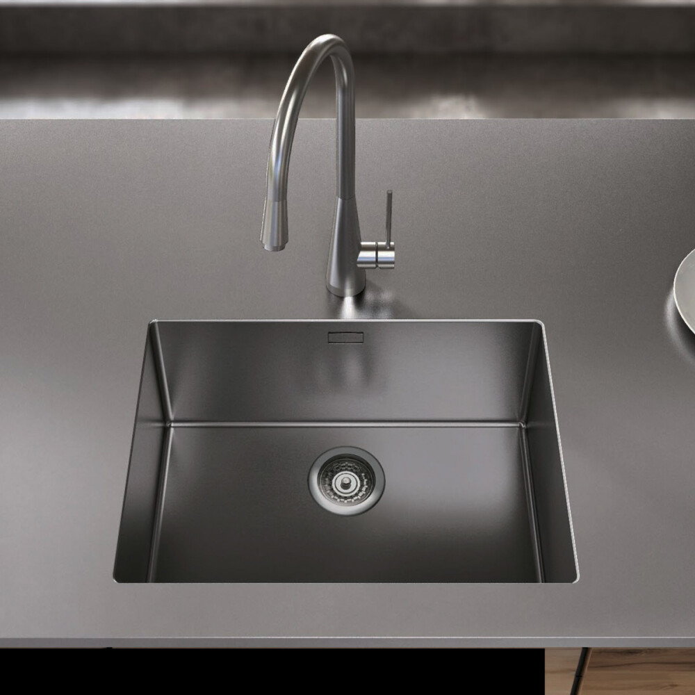 Chiuveta bucatarie inox CookingAid BOX LUX 50 GREY cu strat PVD ceramic culoare gri + accesorii montaj