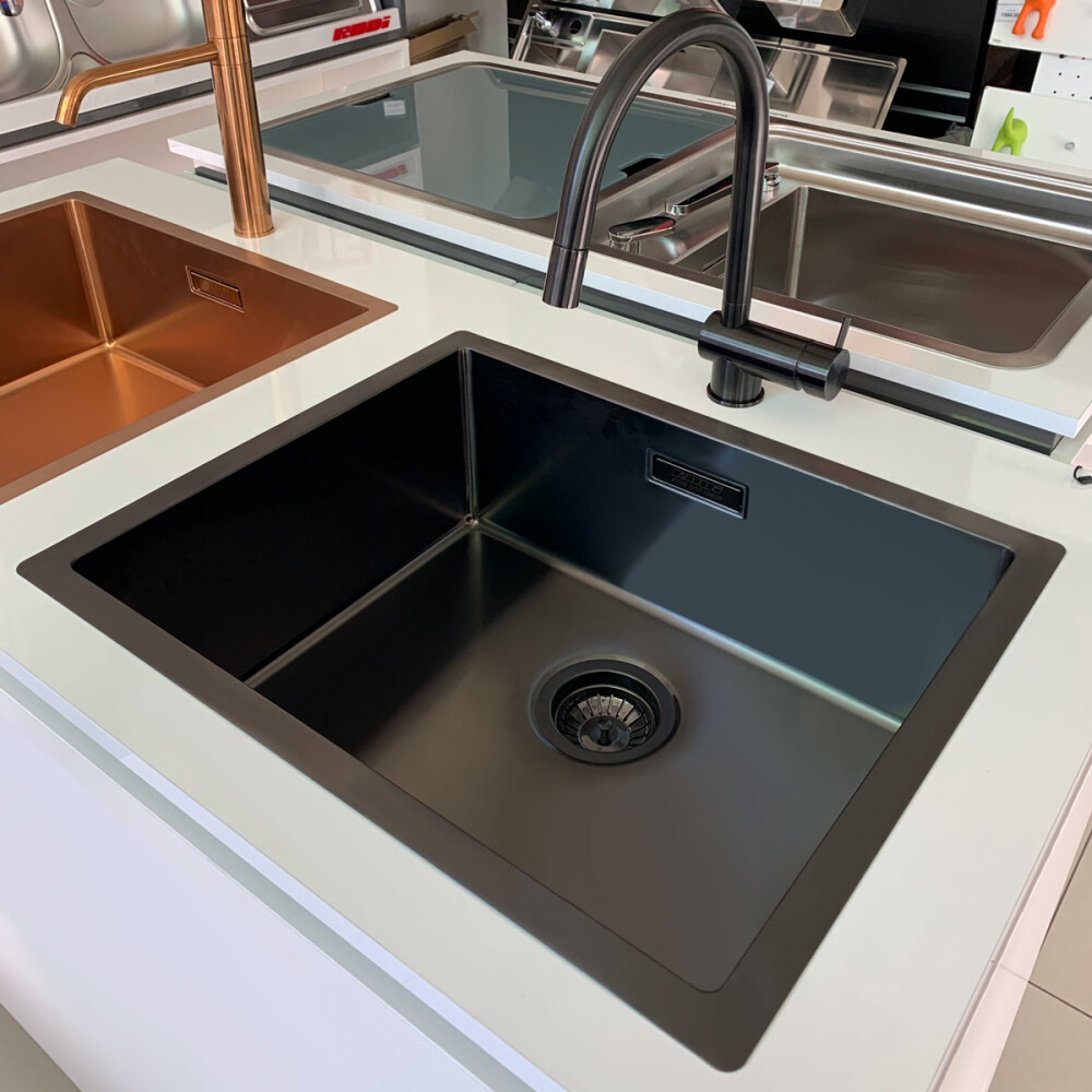 Chiuveta bucatarie inox CookingAid BOX LUX 50 GREY cu strat PVD ceramic culoare gri + accesorii montaj