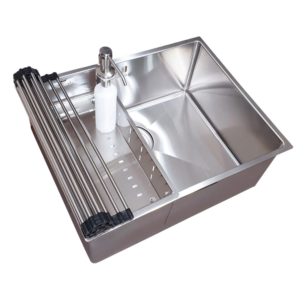 Chiuveta bucatarie inox CookingAid HERA MEDIUM cu dozator detergent, tavita scurgere inox, gratar rulabil inox + accesorii montaj