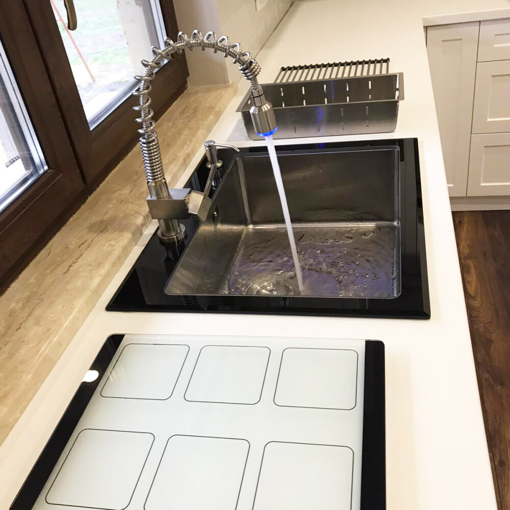 Chiuveta bucatarie inox CookingAid TEMPERED GLASS BLACK cu scurgator vase/paste/fructe, gratar rulabil inox, dozator detergent + accesorii montaj