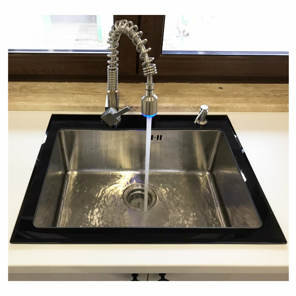 Chiuveta bucatarie inox CookingAid TEMPERED GLASS BLACK cu scurgator vase/paste/fructe, gratar rulabil inox, dozator detergent + accesorii montaj