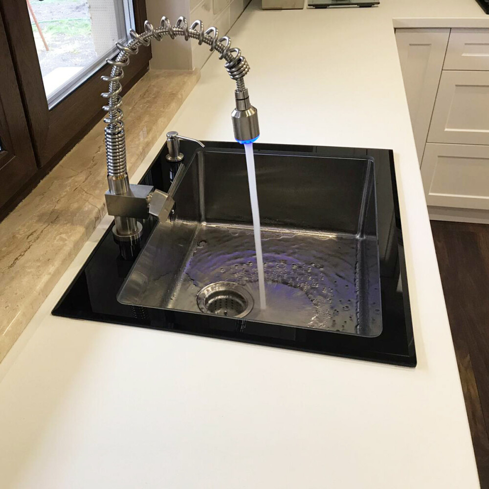 Chiuveta bucatarie inox CookingAid TEMPERED GLASS BLACK cu scurgator vase/paste/fructe, gratar rulabil inox, dozator detergent + accesorii montaj