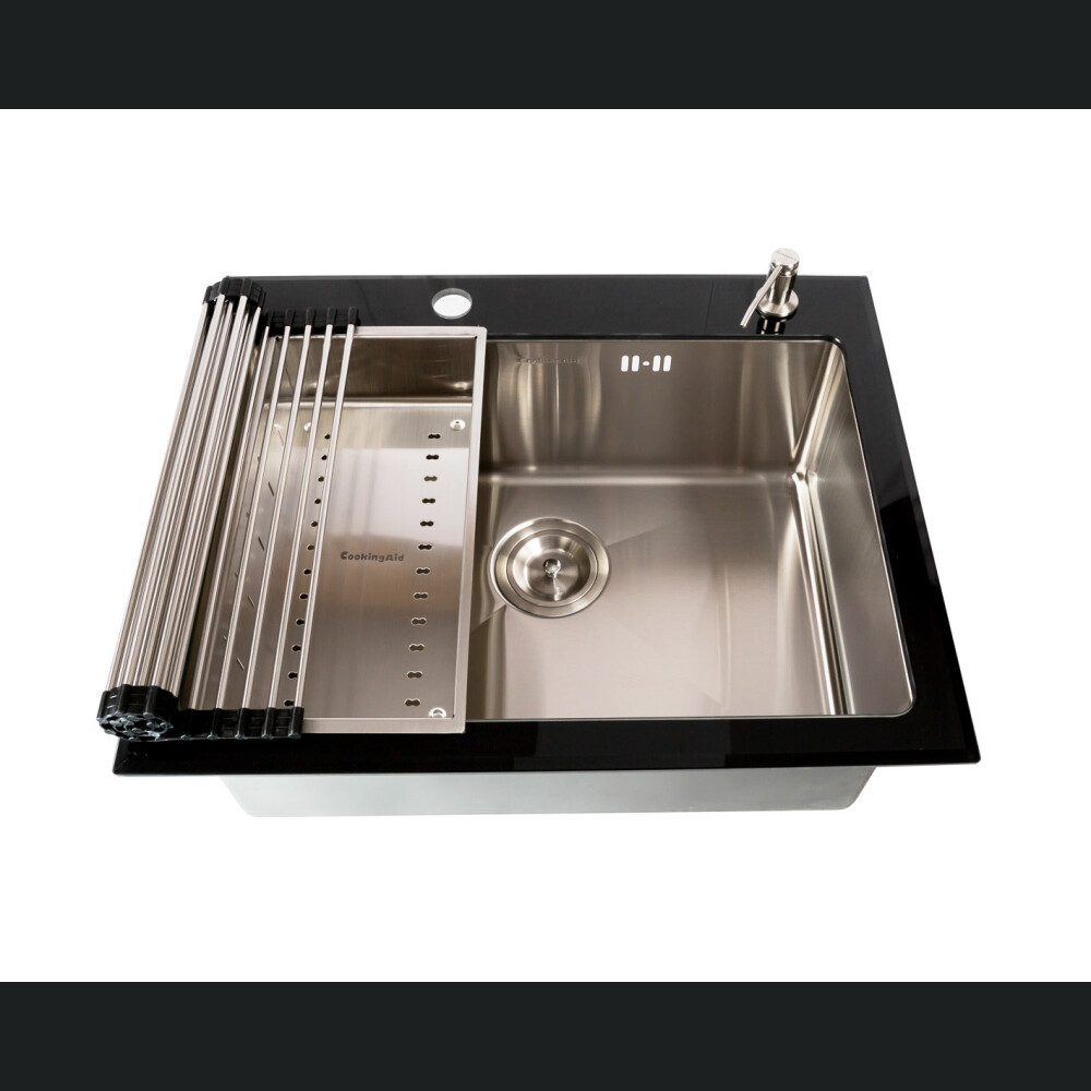 Chiuveta bucatarie inox CookingAid TEMPERED GLASS BLACK cu scurgator vase/paste/fructe, gratar rulabil inox, dozator detergent + accesorii montaj