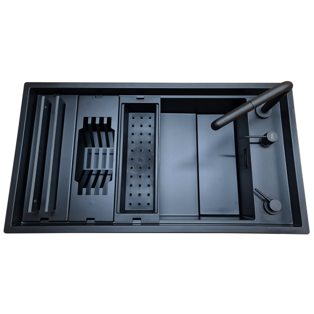 Set chiuveta bucatarie compozit ceramic Invisible Dialogo 360 Workstation Black Matt Neagra cu 7 accesorii: tavita neagra, scurgator farfurii negru, gratar pliabil negru, set 2 tocatoare HPL, dozator detergent negru, ventil scurgere negru, capac zona scur