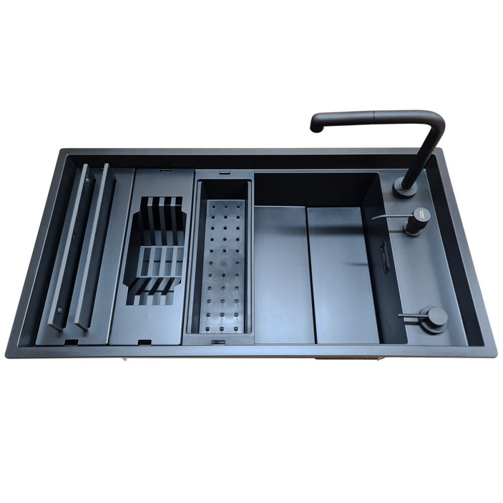 Set chiuveta bucatarie compozit ceramic Invisible Dialogo 360 Workstation Black Matt Neagra cu ventil scurgere negru, capac zona scurgere negru si accesorii montaj