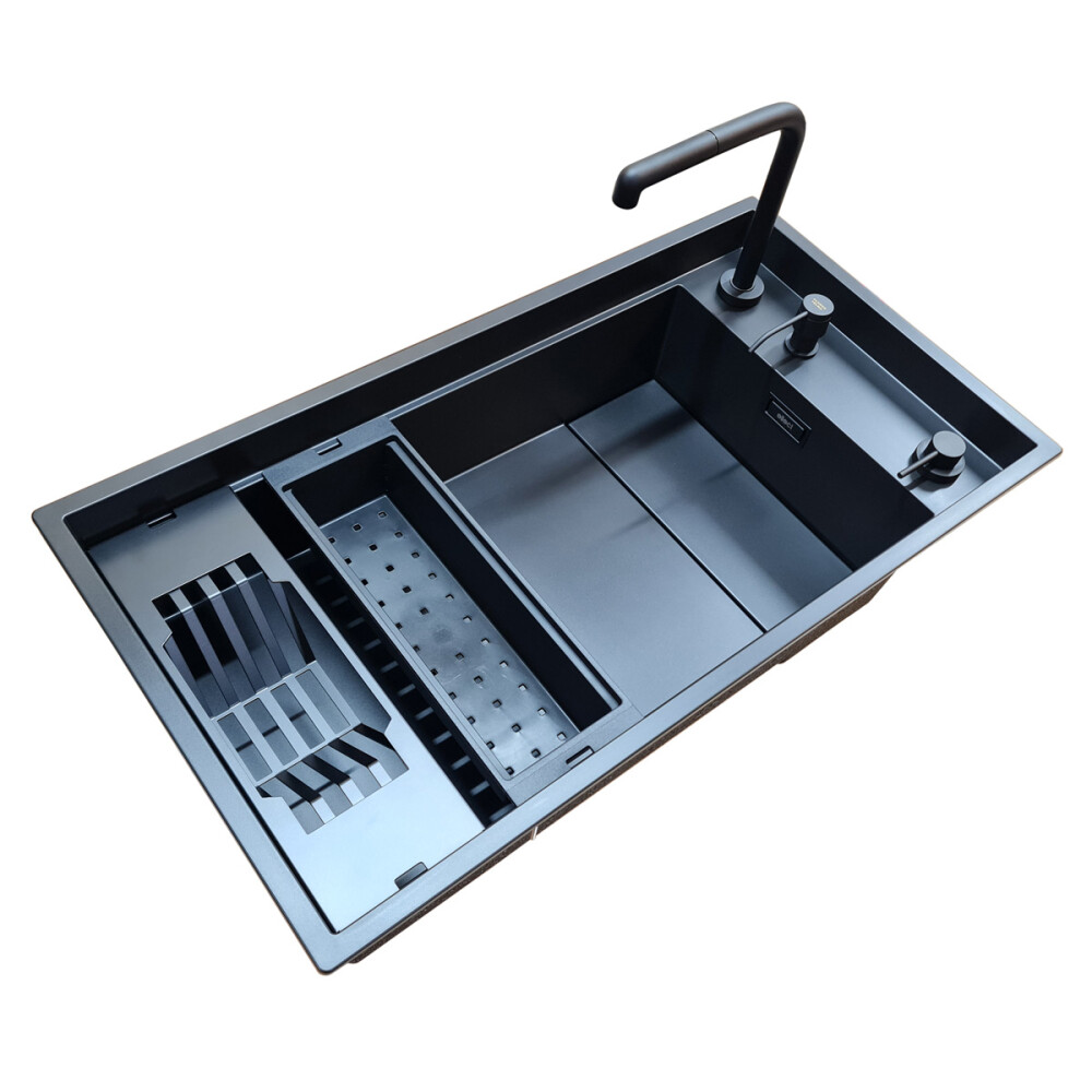 Set chiuveta bucatarie compozit ceramic Invisible Dialogo 360 Workstation Black Matt Neagra cu 7 accesorii: tavita neagra, scurgator farfurii negru, gratar pliabil negru, set 2 tocatoare HPL, dozator detergent negru, ventil scurgere negru, capac zona scur