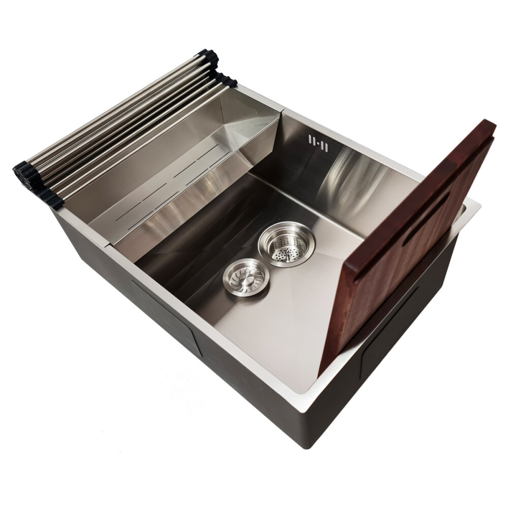 Chiuveta bucatarie inox CookingAid Hera Standard cu dozator detergent, scurgator tavita vase/paste/fructe, gratar rulabil inox si tocator lemn Sapele + accesorii montaj