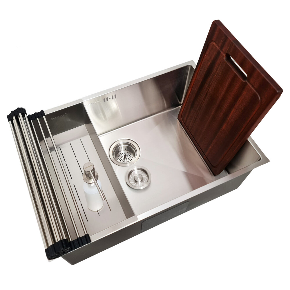 Chiuveta bucatarie inox CookingAid Hera Standard cu dozator detergent, scurgator tavita vase/paste/fructe, gratar rulabil inox si tocator lemn Sapele + accesorii montaj