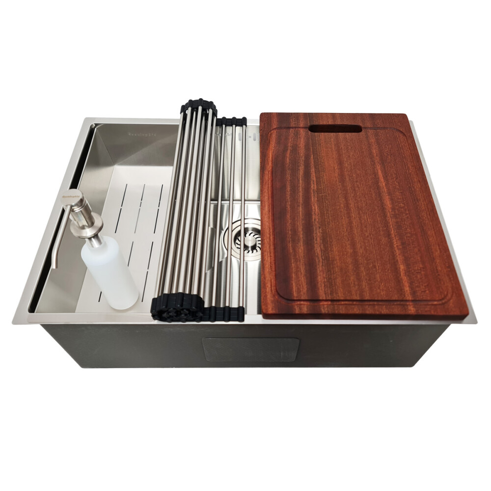 Chiuveta bucatarie inox CookingAid Hera Standard cu dozator detergent, scurgator tavita vase/paste/fructe, gratar rulabil inox si tocator lemn Sapele + accesorii montaj