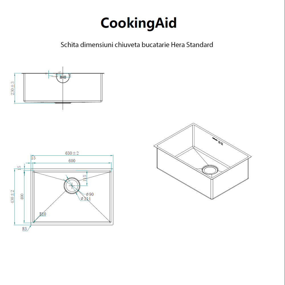 Chiuveta bucatarie inox CookingAid Hera Standard cu dozator detergent, scurgator tavita vase/paste/fructe, gratar rulabil inox si tocator lemn Sapele + accesorii montaj