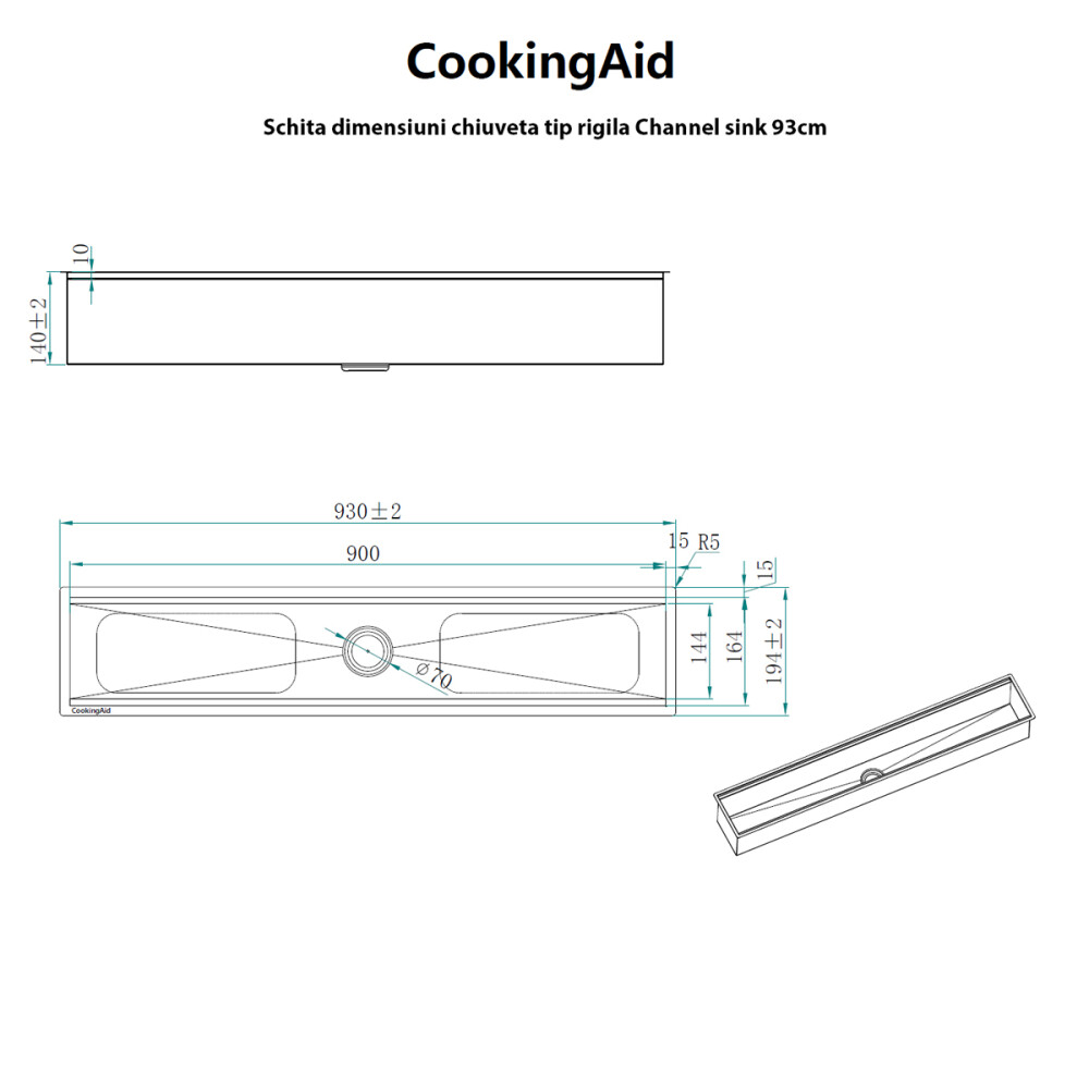 Chiuveta ingusta scurgere multifunctionala tip rigola / canal / jgheab drenare CookingAid Channel sink 93cm cu 4 accesorii incluse