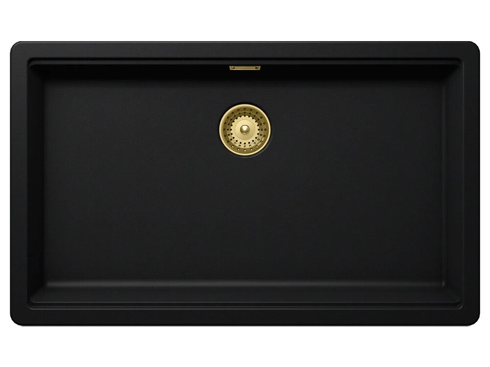 Set chiuveta bucatarie Schock Greenwich N-100XL 750 x 456 mm Cristadur Puro, negru intens cu baterie bucatarie Schock Kavus cu cap extractibil si parti vizibile White Gold