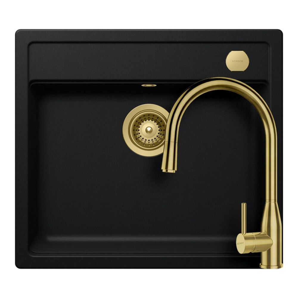 Set chiuveta bucatarie Schock Mono N-100 570 x 510 mm Cristadur Puro, negru intens cu baterie bucatarie Schock Kavus cu cap extractibil si parti vizibile White Gold