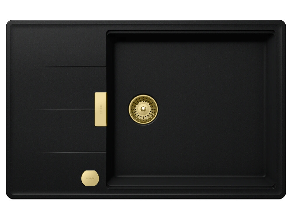 Set chiuveta bucatarie Schock Tia D-100LS 780 x 500 mm Cristadur Puro, negru intens cu baterie bucatarie Schock Kavus cu cap extractibil si parti vizibile White Gold