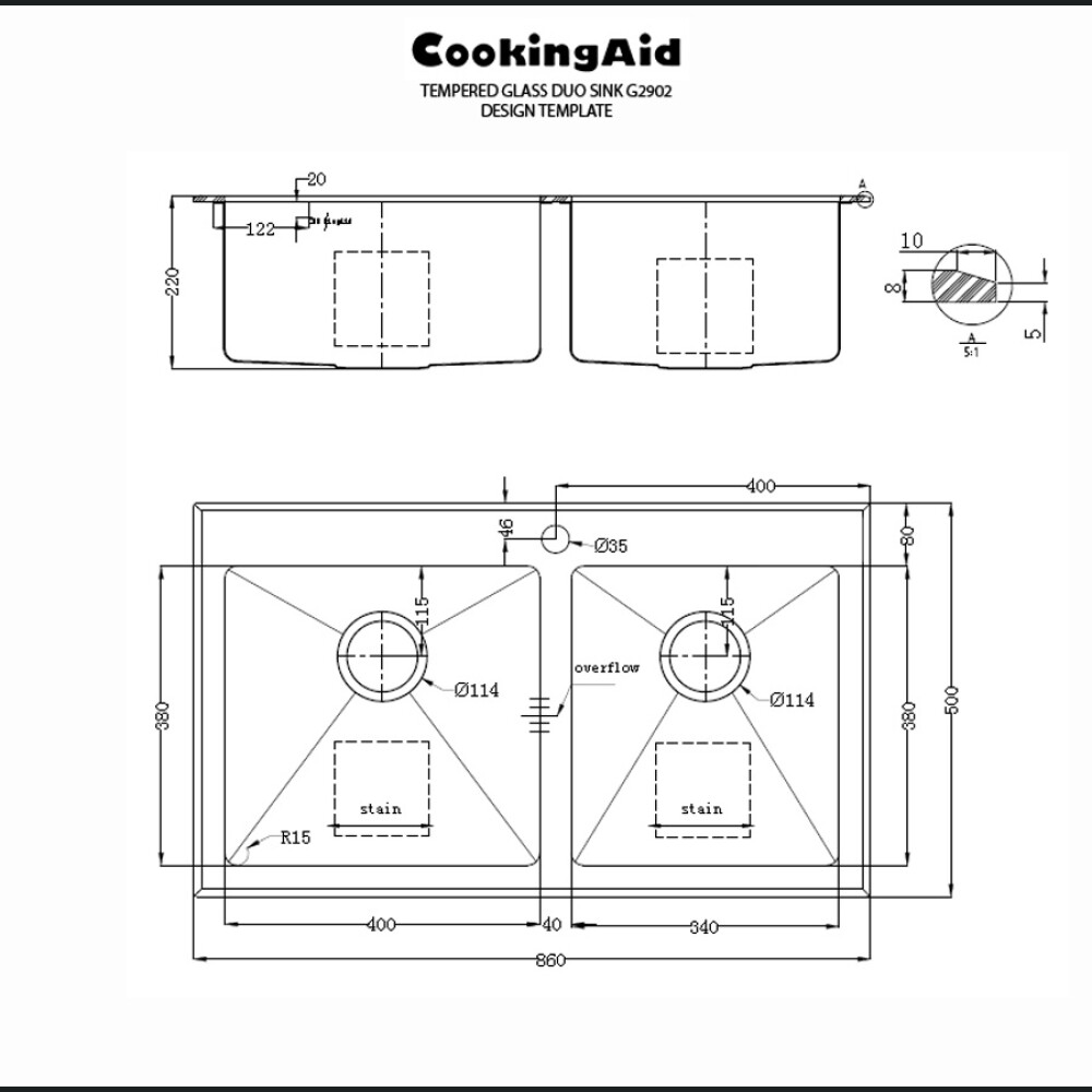 Chiuveta bucatarie inox CookingAid TEMPERED GLASS DUO cu tocator personalizat sticla temperizata, scurgator vase/paste/fructe, gratar rulabil inox + a