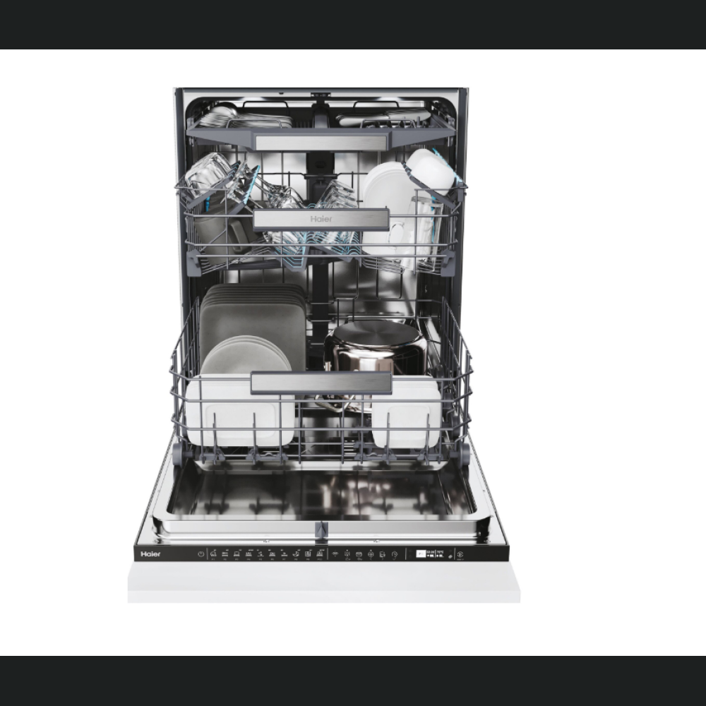 Masina de spalat vase total  incorporabila Haier I-Pro Shine Series 4 XS 6B1M3PB, 16 seturi, 10 programe, Motor Inverter, Wi-Fi, AI program, H-arm spray, Maxi Tub, Automatic open door, Aqua Stop, Lumina interna, Sliding door, 60 cm, Clasa B