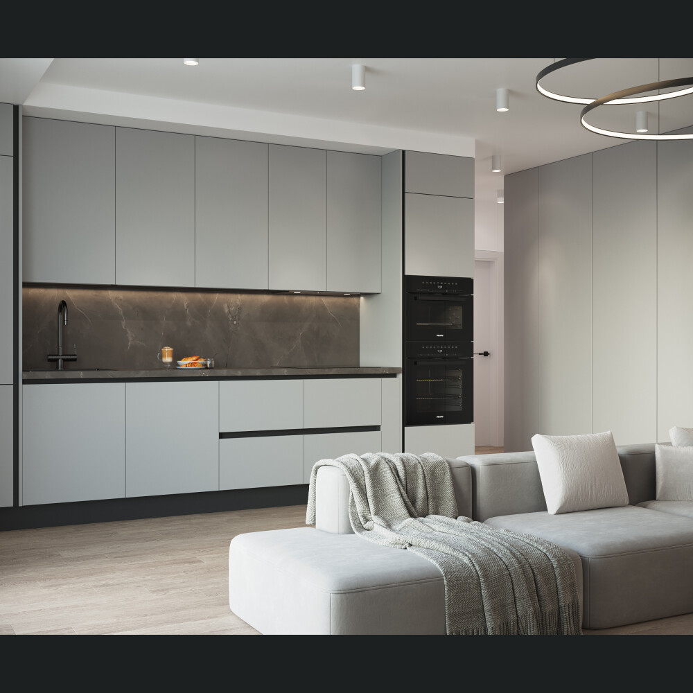 Mobilier de bucatarie Aran Cucine, colectia MIA, culoare ASH grey, Inaltime totala 2468 mm, Lungime totala 3846 mm