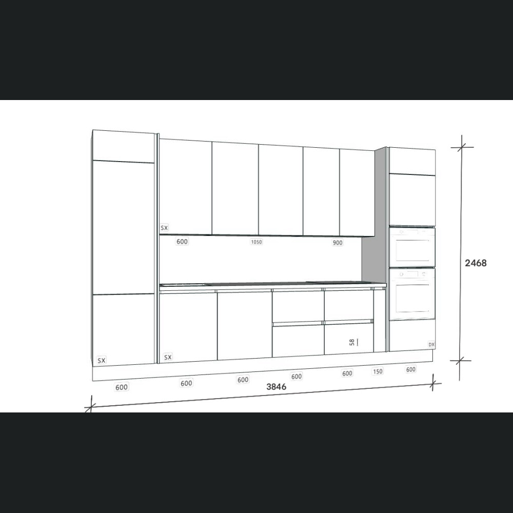 Mobilier de bucatarie Aran Cucine, colectia MIA, culoare ASH grey, Inaltime totala 2468 mm, Lungime totala 3846 mm