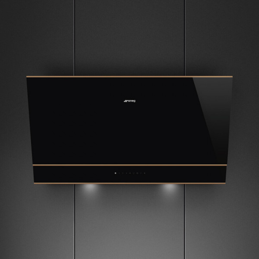 Hota decorativa de perete SMEG Dolce Stil Novo KV694R, sticla neagra si cupru, 90 cm 