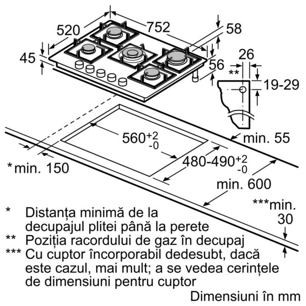Plita gaz T27CS59S0 Neff, 5 arzatoare, negru, 75 cm
