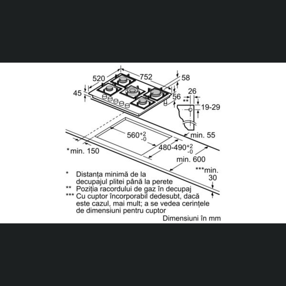 Plita gaz T27CS59S0 Neff, 5 arzatoare, negru, 75 cm