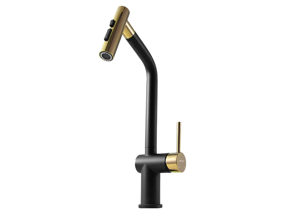  Baterie bucatarie Higold Piniz cu cap extractibil, 2 tipuri de jet, cartus ceramic, negru si gold