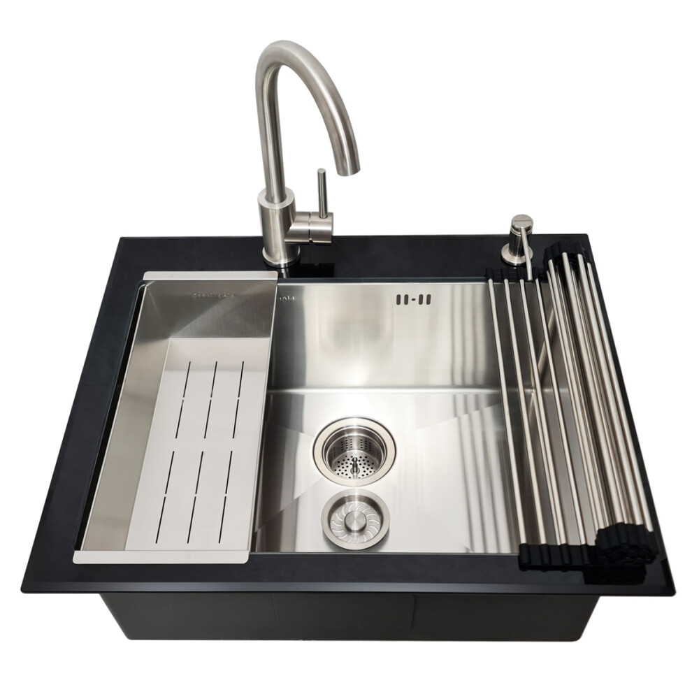 Chiuveta bucatarie inox CookingAid TEMPERED GLASS BLACK cu scurgator vase/paste/fructe, gratar rulabil inox, dozator detergent + accesorii montaj